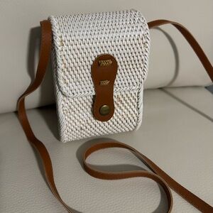 White and Brown Textured Mini Bag with Leather Accents